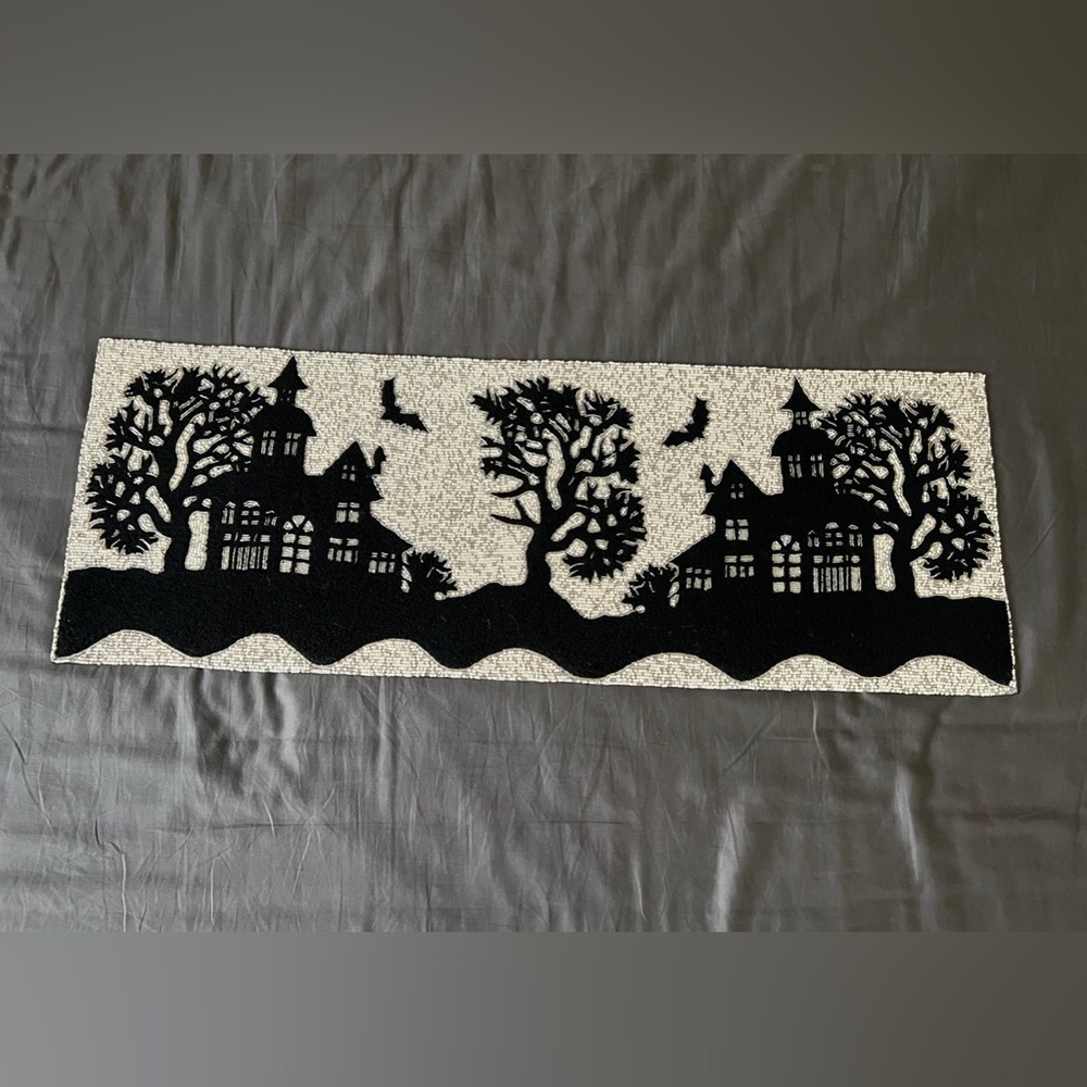 Tahari Haunted House Bats Table Runner Beaded Black Ivory 13x36